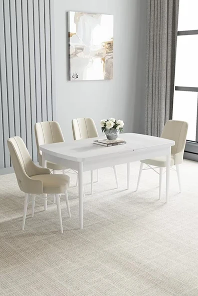 Loft Beyaz 80x132 Açılabilir Mdf Masa Yemek Odası Takımı, Mutfak Takımı 4 Adet Sandalye Krem