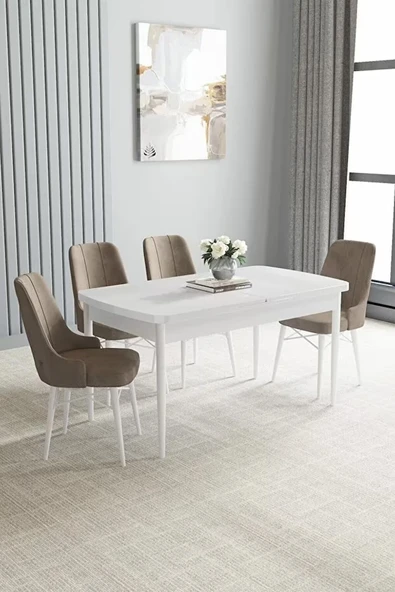 Loft Beyaz 80x132 Açılabilir Mdf Masa Yemek Odası Takımı, Mutfak Takımı 4 Adet Sandalye Cappucino - 1