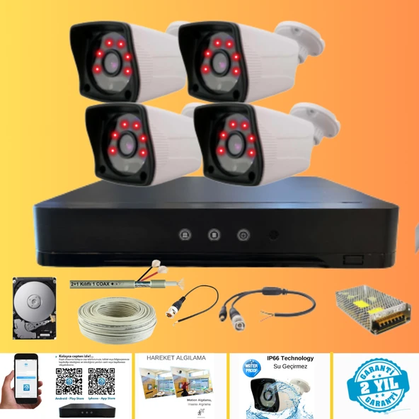 ARNA 4 Kameralı Kare 4 Dış Kameralı Set 250 GB Harddisk Full HD Gece Görüşlü Güvenlik Kamerası Sistemi ürün görseli 1