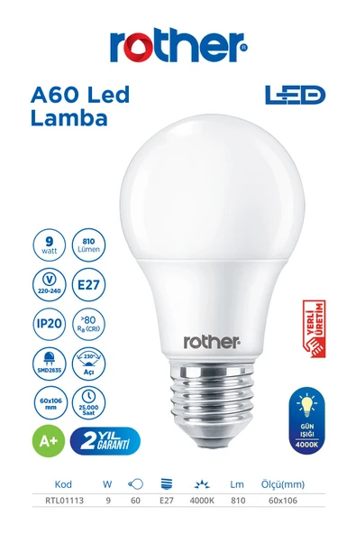 RTL01113-10 Rother A60 LED Ampul 9W E27 810 Lümen 4000K Gün Işığı Enerji Tasarruflu Ampul 10 Adet - 2