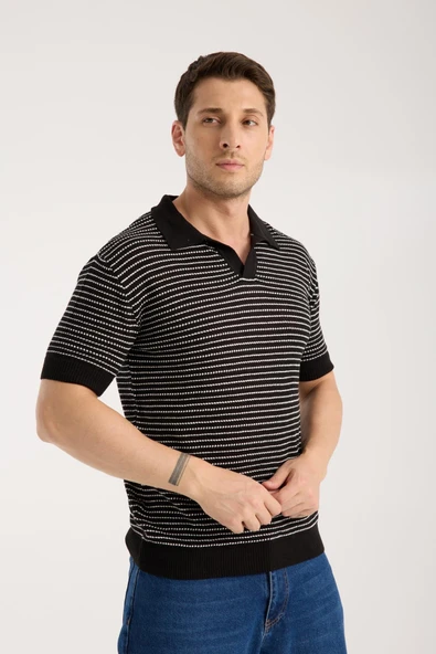 Erkek Polo Yaka Links  Örgü Dokulu Siyah Kısa Kollu Triko Tişört - Resim 4