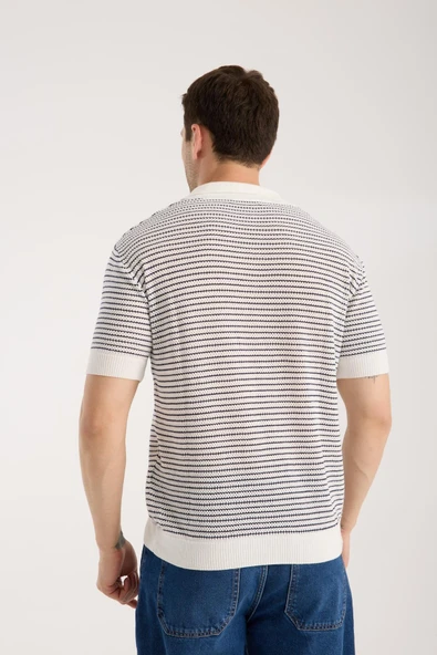 Erkek Polo Yaka Links  Örgü Dokulu Beyaz Kısa Kollu Triko Tişört - Resim 5