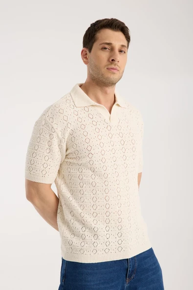 Erkek Polo Yaka Geometrik Desen Dokulu Krem Kısa Kollu Triko Tişört - Resim 3