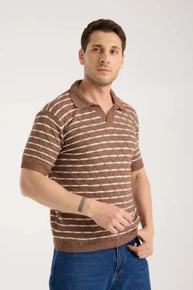 Erkek Polo Yaka Baklava Desenli Dokulu Kahverengi Kısa Kollu Triko Tişört - Resim 3