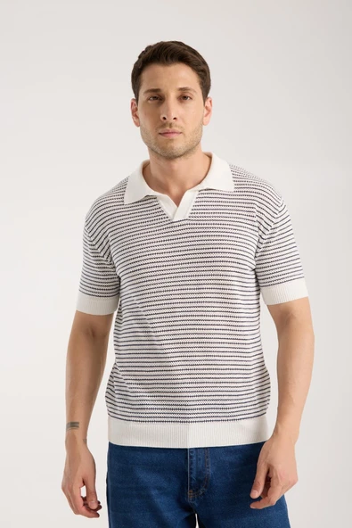 Erkek Polo Yaka Links  Örgü Dokulu Beyaz Kısa Kollu Triko Tişört - Resim 3