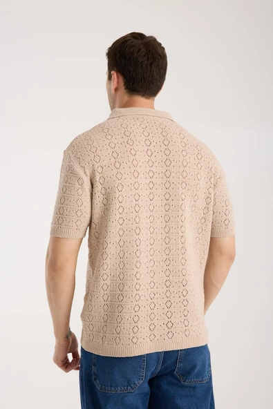 Erkek Polo Yaka Geometrik Desen Dokulu Bej Kısa Kollu Triko Tişört - Resim 5