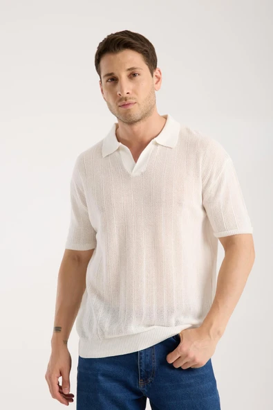 Erkek Polo Yaka Dik Çizgi Dokulu Beyaz Kısa Kollu Triko Tişört - Resim 4