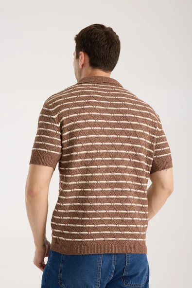 Erkek Polo Yaka Baklava Desenli Dokulu Kahverengi Kısa Kollu Triko Tişört - Resim 5