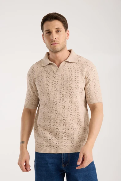 Erkek Polo Yaka Geometrik Desen Dokulu Bej Kısa Kollu Triko Tişört - Resim 2