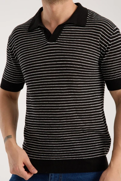 Erkek Polo Yaka Links  Örgü Dokulu Siyah Kısa Kollu Triko Tişört ürün görseli