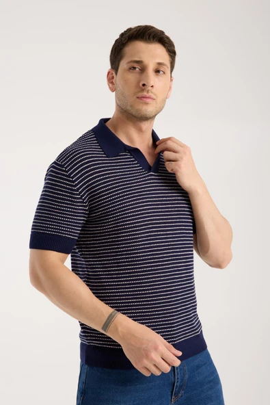 Erkek Polo Yaka Links  Örgü Dokulu Lacivert Kısa Kollu Triko Tişört - 4