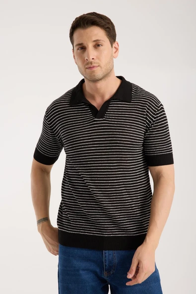 Erkek Polo Yaka Links  Örgü Dokulu Siyah Kısa Kollu Triko Tişört - Resim 2