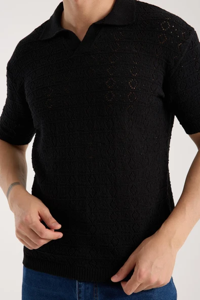 Erkek Polo Yaka Geometrik Desen Dokulu Siyah Kısa Kollu Triko Tişört - 1