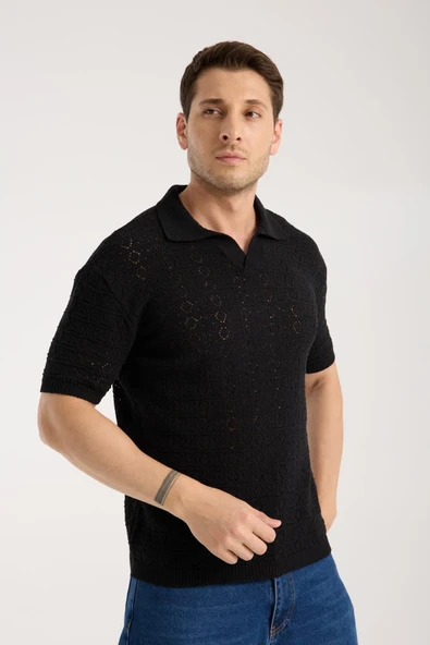 Erkek Polo Yaka Geometrik Desen Dokulu Siyah Kısa Kollu Triko Tişört - 4