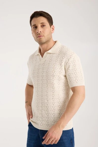 Erkek Polo Yaka Geometrik Desen Dokulu Krem Kısa Kollu Triko Tişört - Resim 2