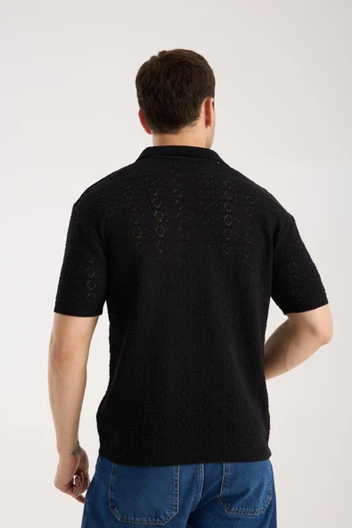 Erkek Polo Yaka Geometrik Desen Dokulu Siyah Kısa Kollu Triko Tişört - 3
