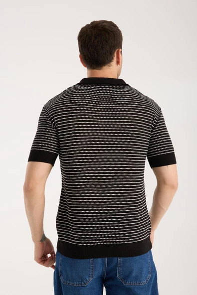 Erkek Polo Yaka Links  Örgü Dokulu Siyah Kısa Kollu Triko Tişört - Resim 5