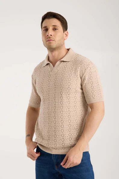 Erkek Polo Yaka Geometrik Desen Dokulu Bej Kısa Kollu Triko Tişört - Resim 4