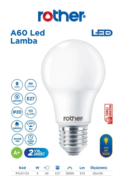 RTL01123-10 Rother A60 LED Ampul 9W E27 810 Lümen 3000K Sarı Işık Enerji Tasarruflu Ampul 10 Adet - Resim 2