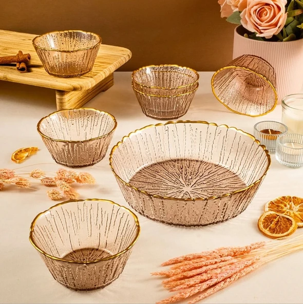 Fecra Fladen 7 Parça Kase Seti Kahve Gold Fileli - 3