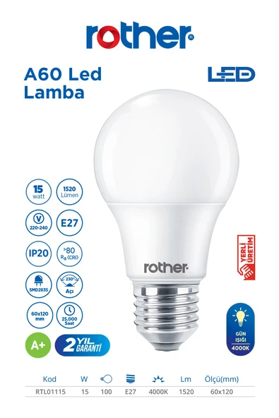 RTL01115-5 Rother A60 LED Ampul 15W E27 1520 Lümen 4000K Gün Işığı Enerji Tasarruflu Ampul 5 Adet - 2
