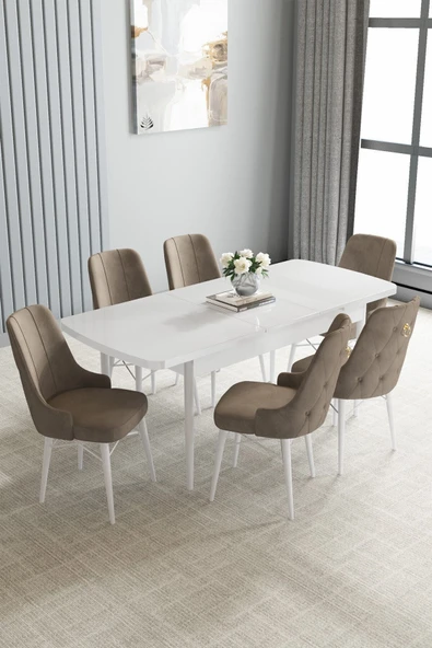 Loft Beyaz 80x132 Açılabilir Mdf Masa Yemek Odası Takımı, Mutfak Takımı 6 Sandalye Cappucino - 2