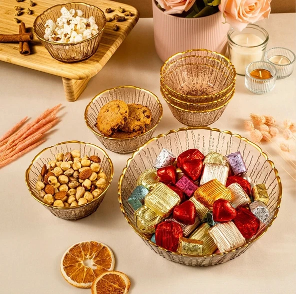 Fecra Fladen 7 Parça Kase Seti Kahve Gold Fileli