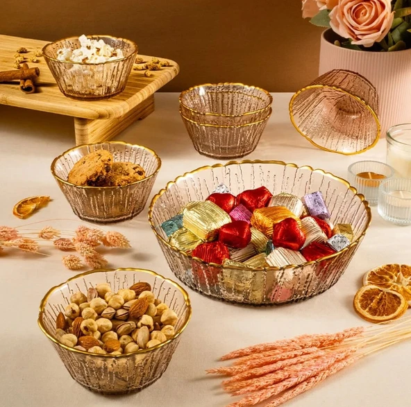 Fecra Fladen 7 Parça Kase Seti Kahve Gold Fileli - 2