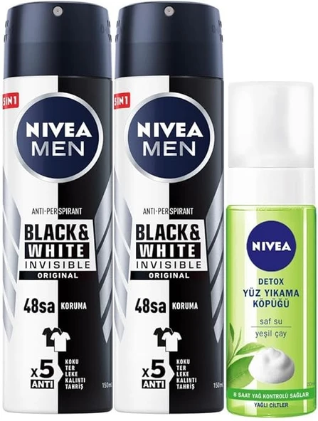 NIVEA MEN Erkek Sprey Deodorant Black&White Invisible Original150ml X2 Adet ve Yüz Temizleyici Köpük 150ml ürün görseli