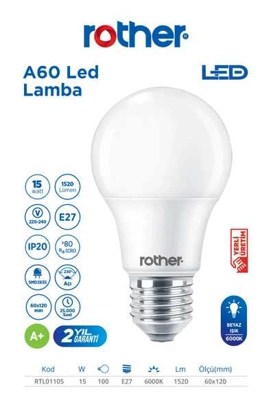 RTL01105-5 Rother A60 LED Ampul 15W E27 1520 Lümen 6000K Beyaz Işık Enerji Tasarruflu Ampul 5 Adet - Resim 2