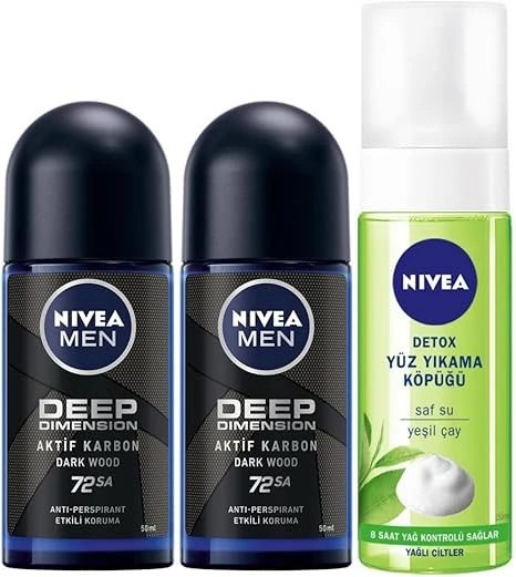 NIVEA MEN Erkek Roll-on Deodorant Deep Dimension 50ml X2 Adet ve Yüz Temizleyici Yıkama Köpüğü 150ml ürün görseli 1