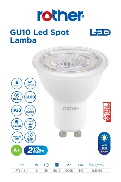 RTL11111-10 Rother GU10 LED Spot Ampul 6W 540 Lümen 4000K Gün Işığı Enerji Tasarruflu Ampul 10 Adet - 2