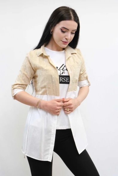 Moda Çizgi Pıt Pıt Desen İkili Takım Bej - 3