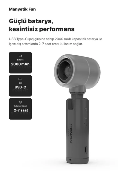Xenon Smart Taşınabilir Şarjlı 5 Kademeli El Fanı 7 Saat Kullanım 14000 RPM Sessiz Mini Vantilatör Gri X6101 - 3