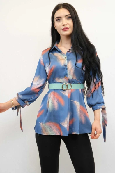 Moda Çizgi Kemerli Gömlek Tunik İndigo