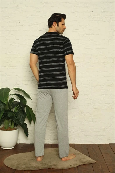Moda Çizgi Erkek Siyah V Yaka 3'lü Pijama Takım 6822 - 5