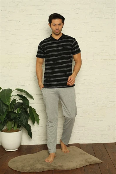 Moda Çizgi Erkek Siyah V Yaka 3'lü Pijama Takım 6822 - 4
