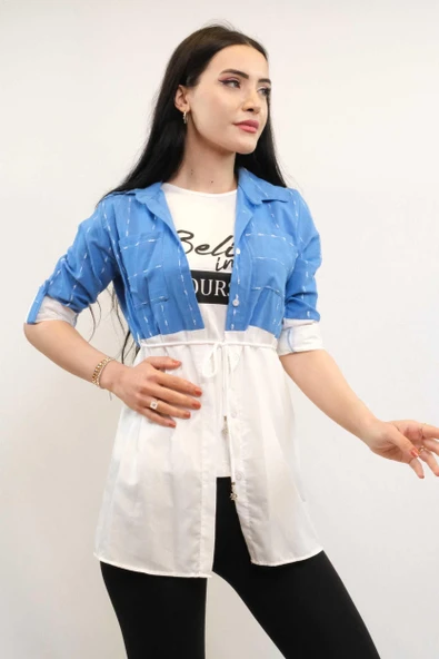 Moda Çizgi Pıt Pıt Desen İkili Takım İndigo - 2