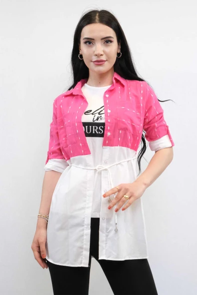 Moda Çizgi Pıt Pıt Desen İkili Takım Fuşya - 2