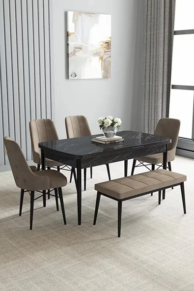 Loft Siyah Mermer 80x132 Açılabilir Mdf Masa Yemek Odası Takımı, Mutfak Takımı 4 Sandalye, 1 Bench Cappucino - 1