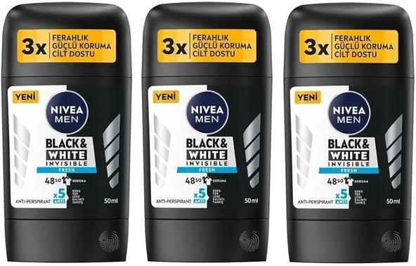 NIVEA Men Stick Deodorant Black & Whıte Invısıble Fresh 50 Ml X 3 Adet P10099 ürün görseli