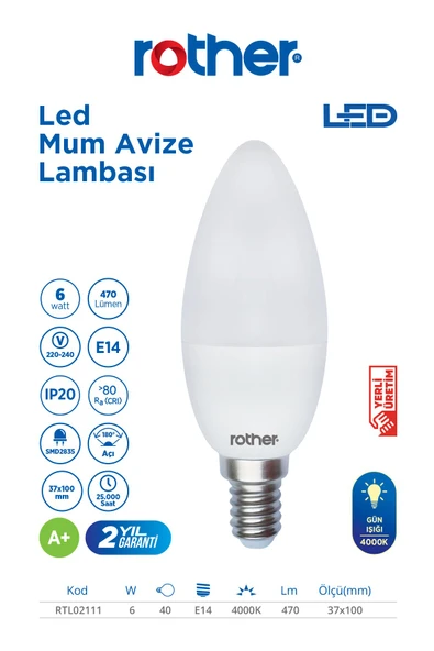 RTL02111-10 Rother LED Mum Avize Ampul 6WE14 470Lümen 4000K Gün Işığı Enerji Tasarruflu Ampul 10Adet - Resim 2