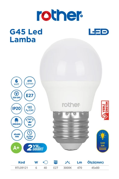 RTL09121-5 Rother G45 LED Ampul 6W E27 470 Lümen 3000K Sarı Işık Enerji Tasarruflu Ampul 5 Adet - Resim 2