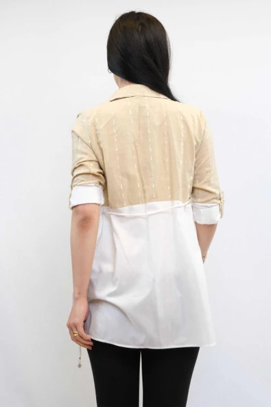 Moda Çizgi Pıt Pıt Desen İkili Takım Bej - 2