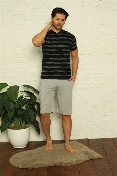 Moda Çizgi Erkek Siyah 3'lü Pijama Takım 6823 - 3