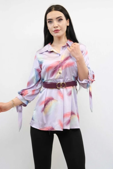 Moda Çizgi Kemerli Gömlek Tunik Lila - 2