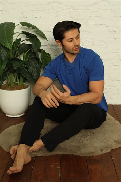 Moda Çizgi Erkek Sax V Yaka 3'lü Pijama Takım 6822 - 2