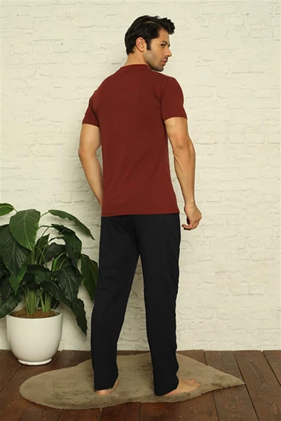 Moda Çizgi Erkek Bordo V Yaka 3'lü Pijama Takım 6822 - 5