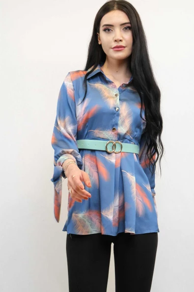 Moda Çizgi Kemerli Gömlek Tunik İndigo - 2