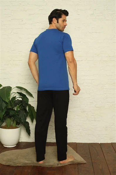 Moda Çizgi Erkek Sax V Yaka 3'lü Pijama Takım 6822 - 5